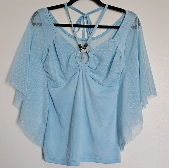 D.i.a Gyaru Blue Batwing Sheer Polka Dot Sleeve Beaded Halter Neck Top With - Picture 6 of 9